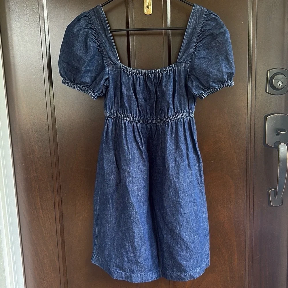 EUC J. Crew Linen Blend Denim Square Neck Puff Sleeve Dress Size 00 - Picture 4 of 9